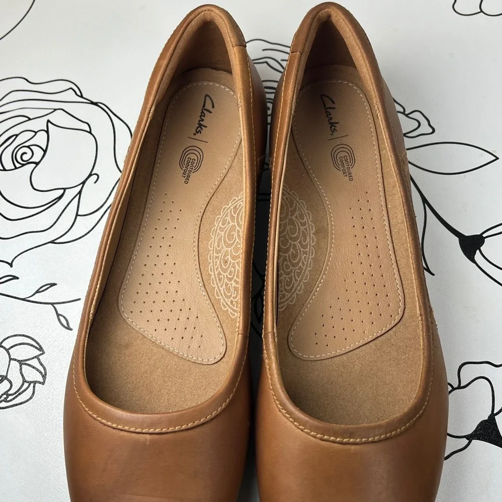Clarks Women's Canebay Plain leather ballet flats Tan Brown Orange Stripe 8.5 M